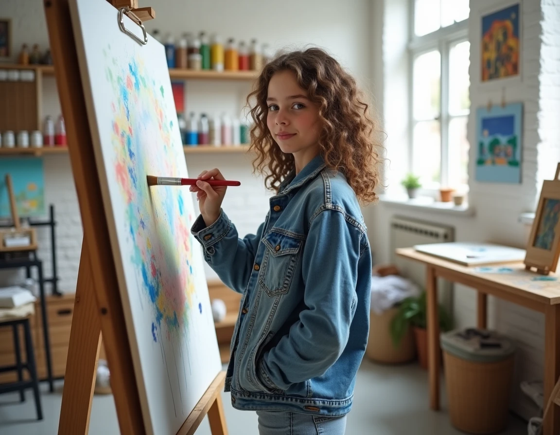Adolescente peignant sur une grande toile dans un atelier d'art créatif avec matériel artistique en arrière-plan