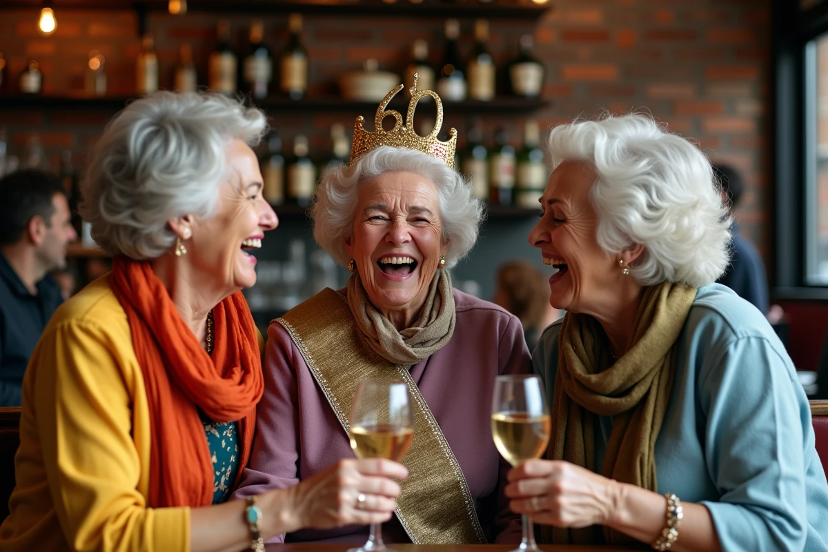Groupe d'amies fêtant les 60 ans d'une femme en riant avec des coupes de champagne dans un bistro