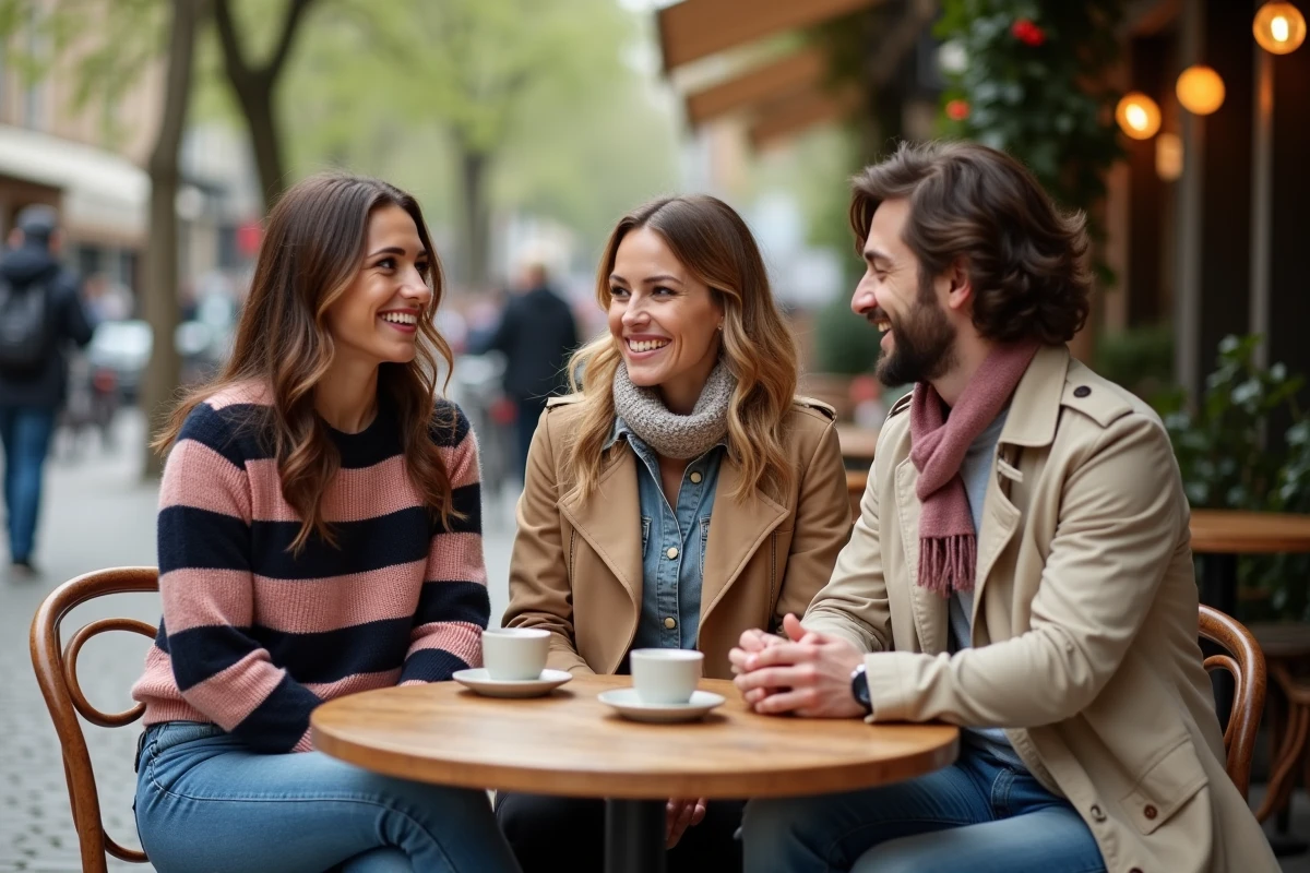 Trois amis discutant dans un café en terrasse