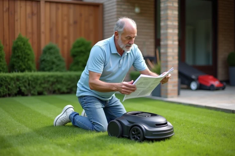 Homme d'âge moyen assemble une tondeuse robot dans le jardin