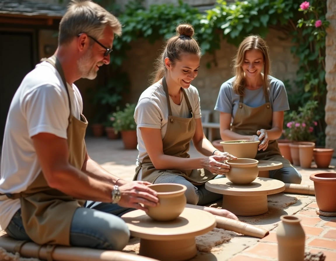 Adultes participant à un atelier de poterie en plein air dans une cour rustique, mains dans l'argile