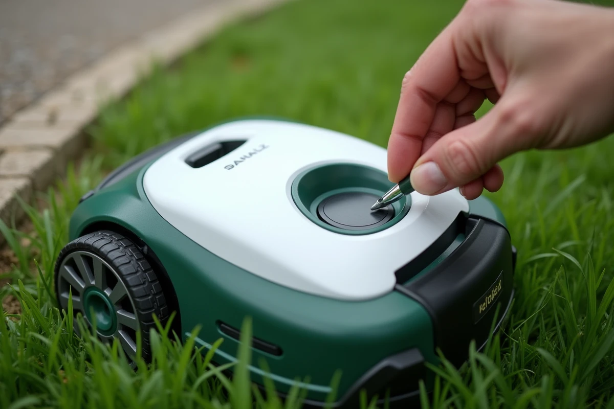 Gros plan sur le bouton de réinitialisation d'un robot tondeuse Parkside appuyé avec un stylo sur la pelouse