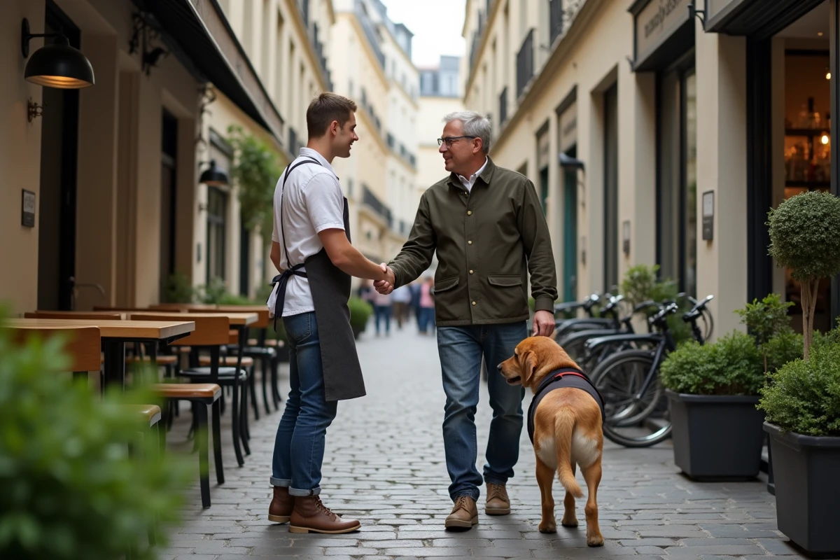 Chef accueillant un invité avec chien guide devant bistro parisien
