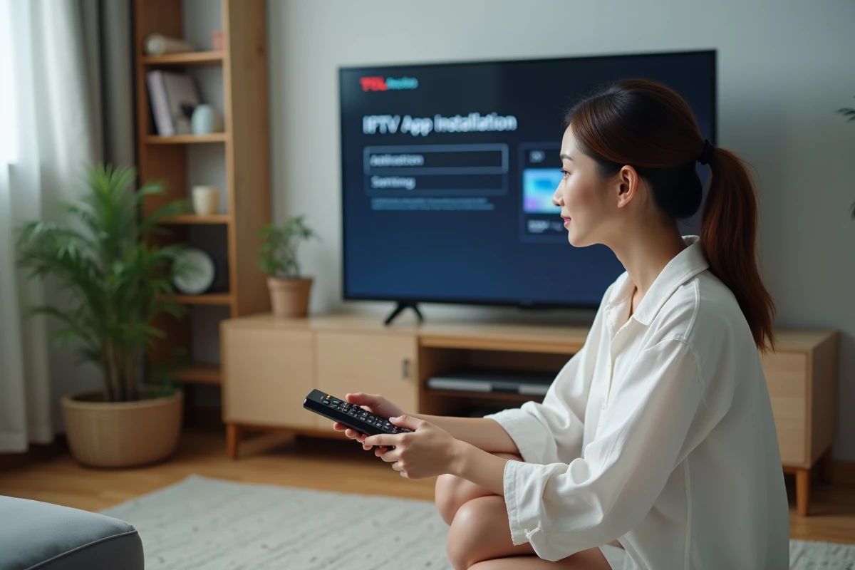 Femme configurant une application IPTV sur télévision TCL avec télécommande