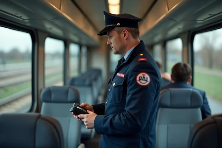 Contrôleur SNCF en uniforme vérifiant un billet dans un couloir de TGV avec un scanner portable