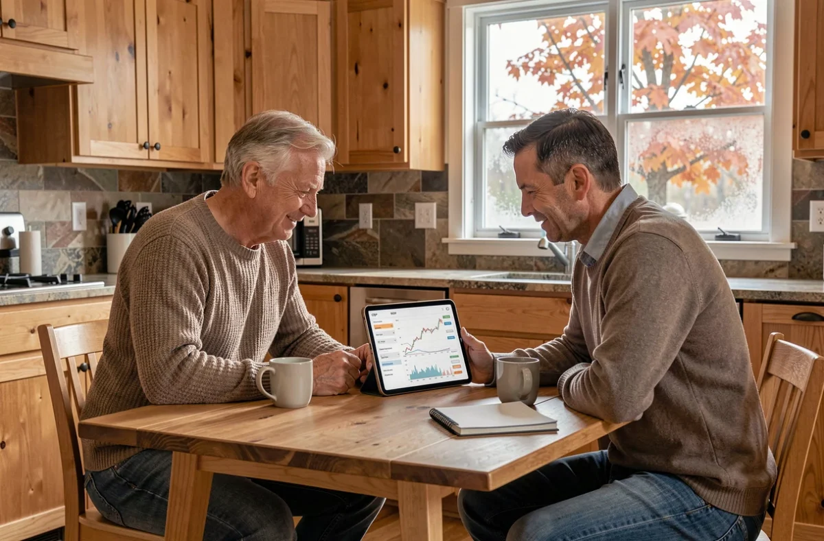 Couple québécois planifiant leurs investissements à long terme autour d'une table de cuisine avec une tablette affichant un portefeuille financier