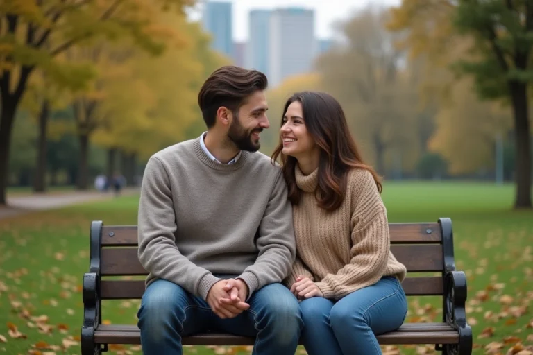 Jeune couple assis sur un banc dans un parc en automne