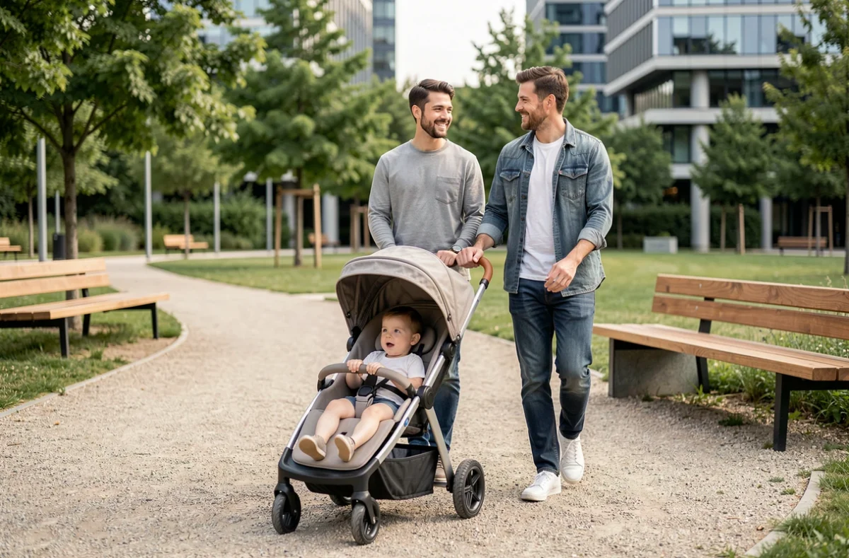 Couple de parents se promenant dans un parc urbain avec une poussette Yoyo Stokke, style de vie dynamique et moderne avec bébé