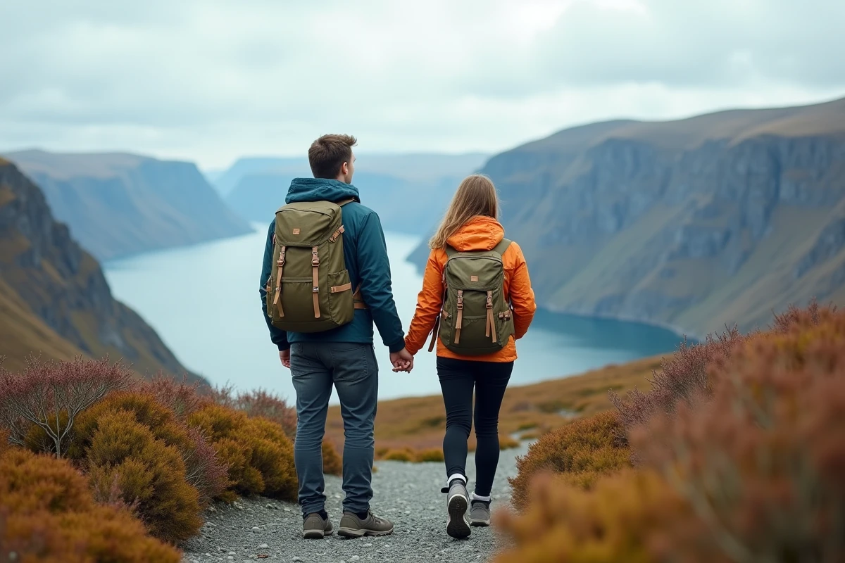 Jeune couple en randonnée avec vue sur fjords et montagnes