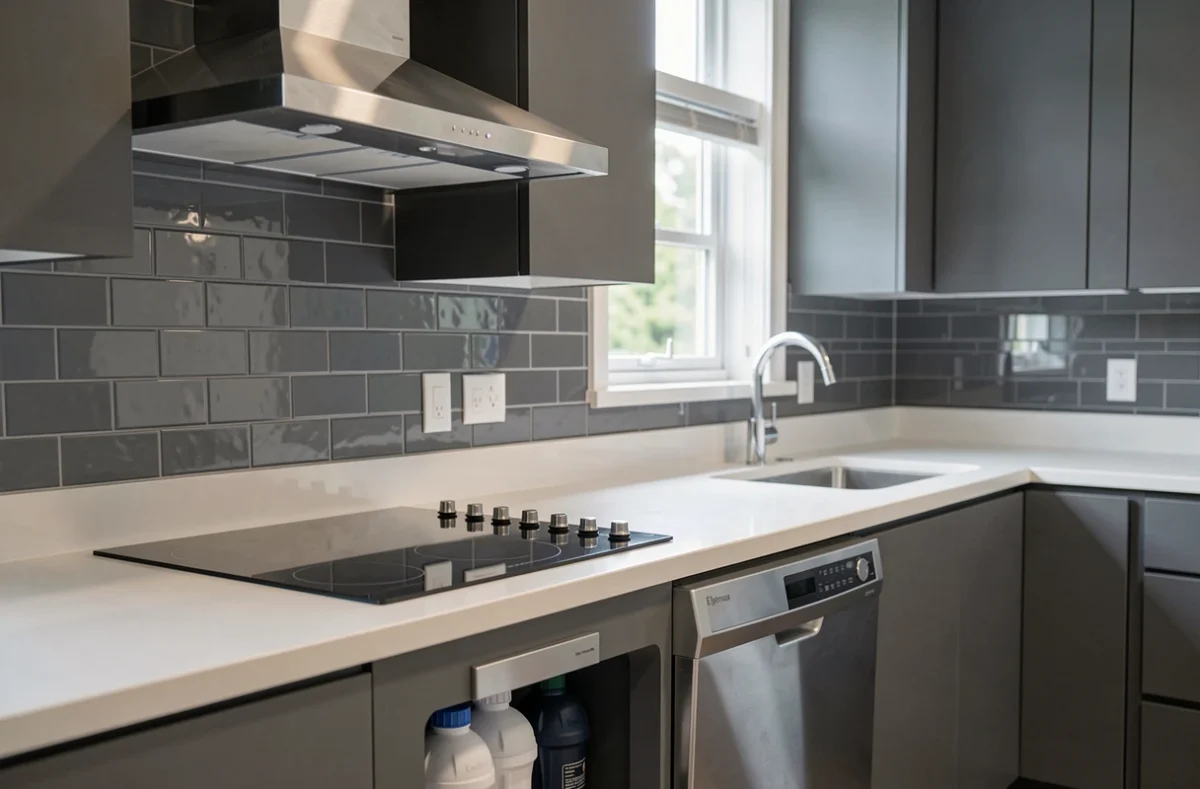 Cuisine moderne équipée avec plaque à induction, hotte intégrée et système de filtration d'eau pour un habitat fonctionnel