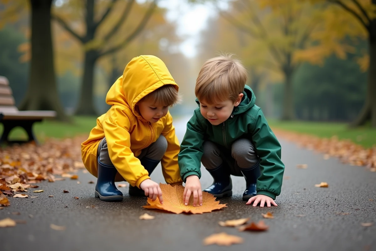 Deux enfants en imperméables explorant des feuilles d'automne dans un parc, illustrant l'apprentissage par l'observation et l'éveil à la nature