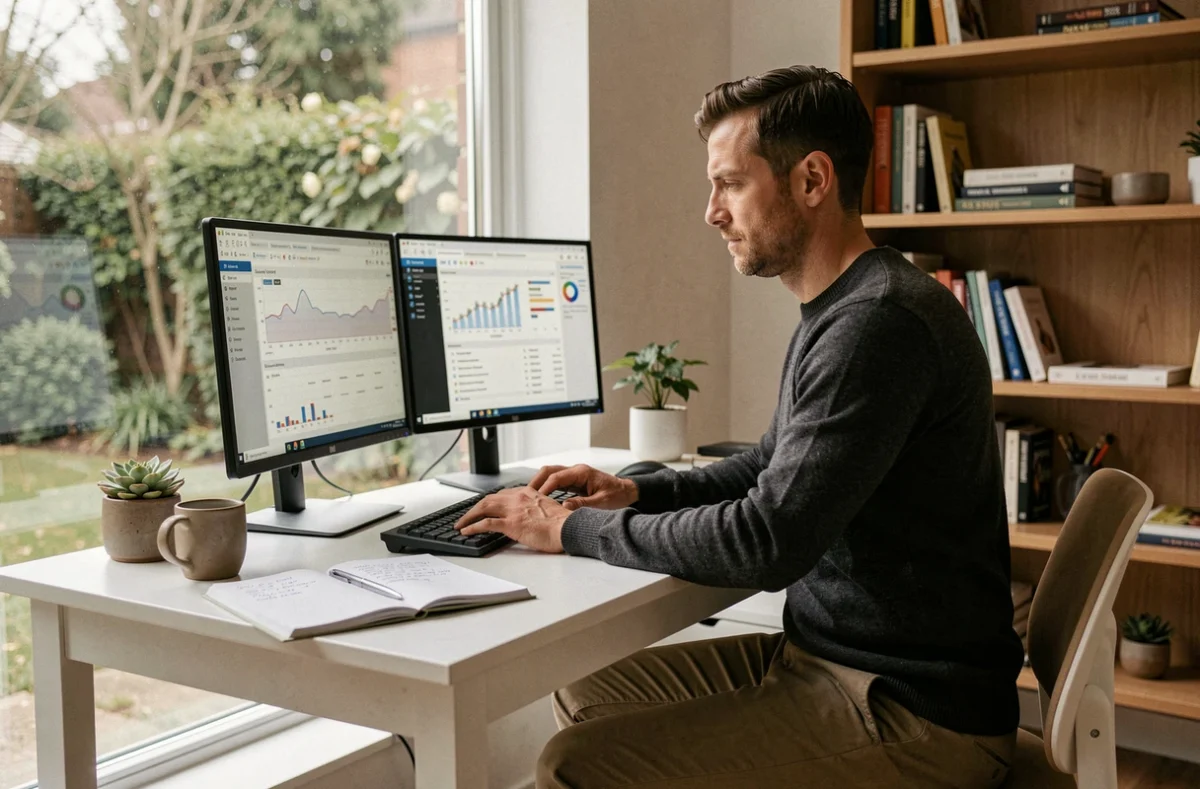 Entrepreneur travaillant depuis son bureau à domicile avec des logiciels de gestion d'entreprise innovants