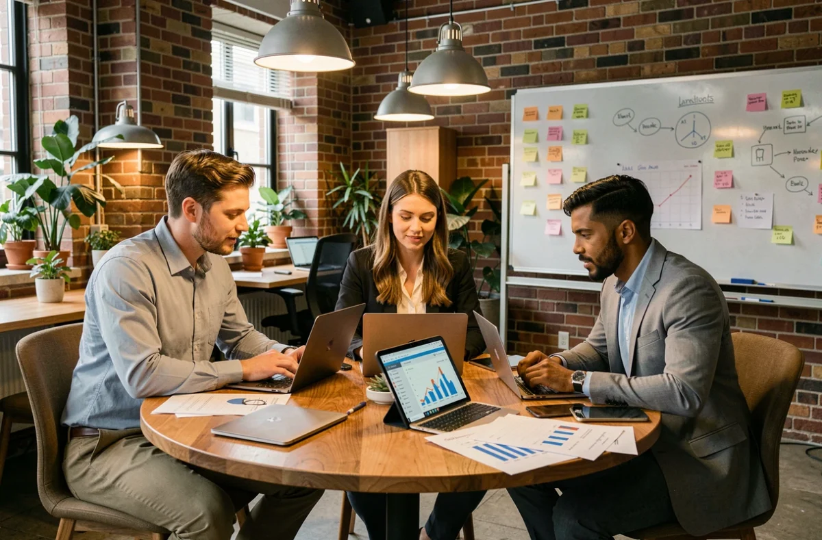 Équipe de professionnels collaborant autour d'outils numériques innovants dans un espace de coworking