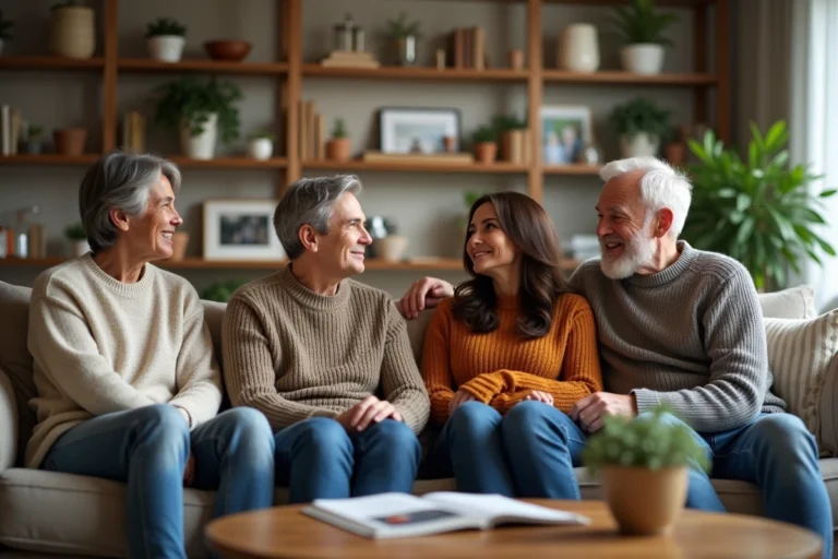 Famille multigenerationale dans un salon chaleureux