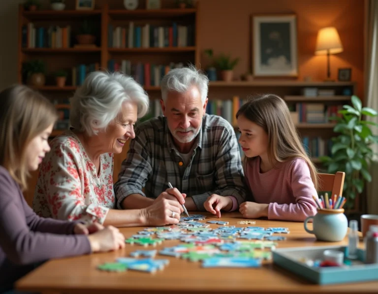 Famille multigénérationnelle jouant à des jeux de société et puzzles autour d'une table en bois dans un salon chaleureux