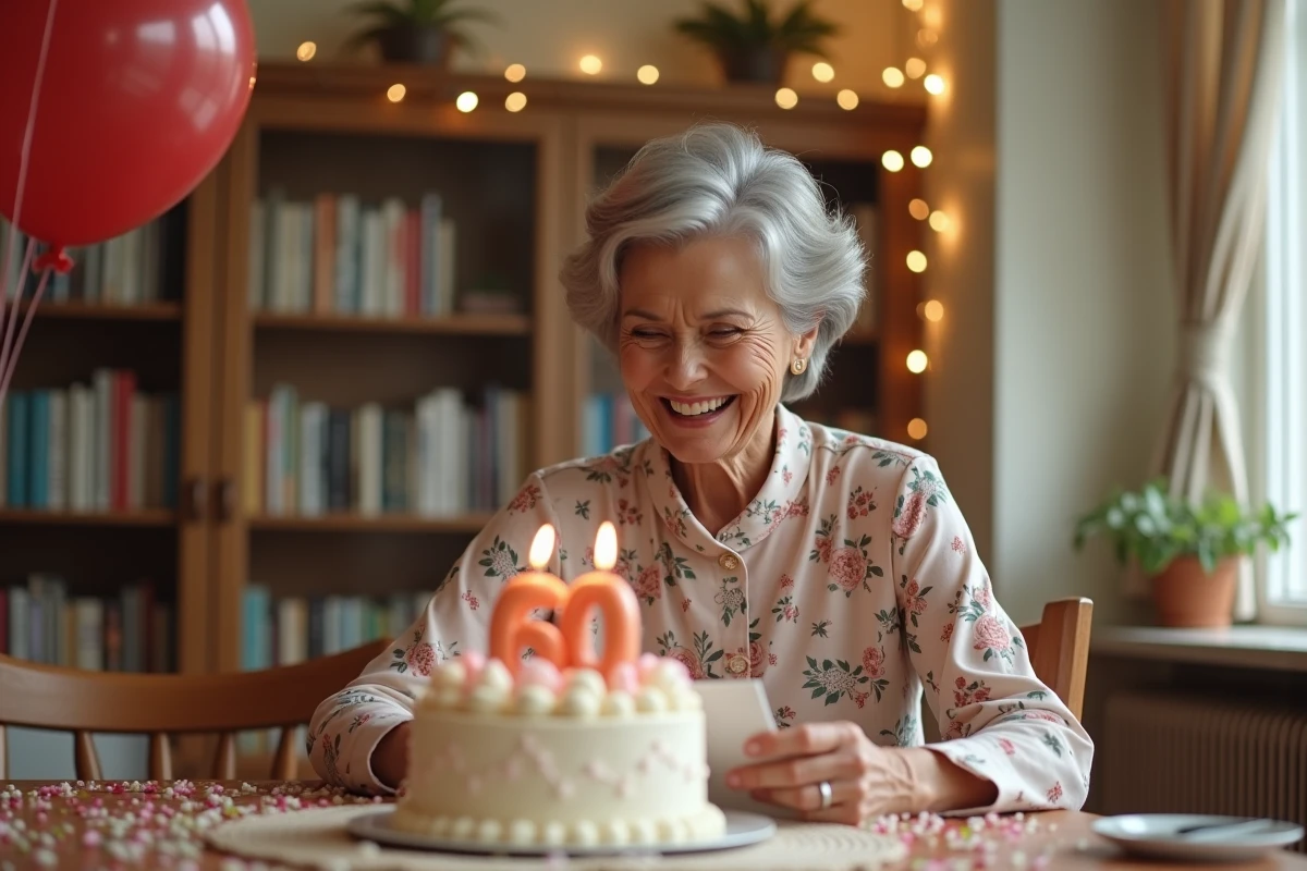 Femme de 60 ans riant en lisant une carte d'anniversaire humoristique entourée de décorations festives