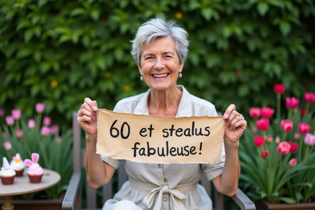 Femme de 60 ans souriante dans un jardin fleuri tenant une banderole d'anniversaire humoristique