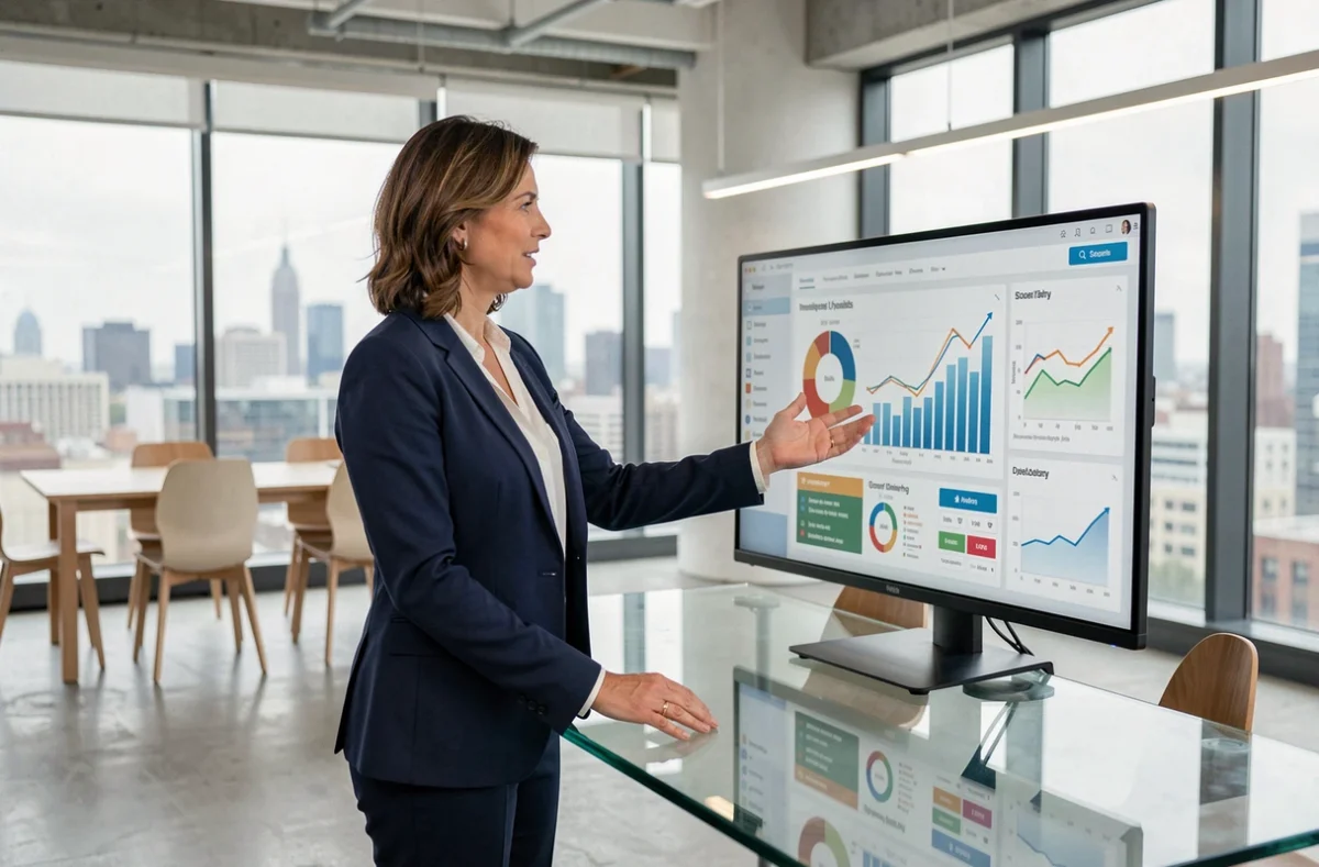 Femme d'affaires utilisant des outils business innovants sur écran tactile dans un bureau moderne