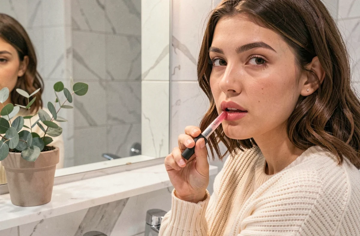 Jeune femme appliquant un gloss rose sur ses lèvres devant un miroir de salle de bain en marbre blanc