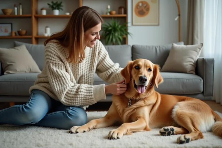 Femme en pull en laine brossant un golden retriever dans un salon chaleureux