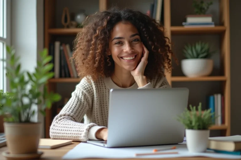 Jeune femme souriante dans un bureau lumineux et cosy