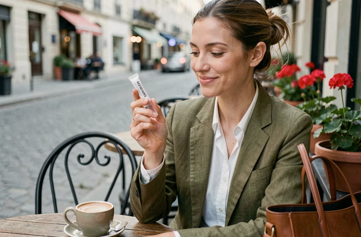 Femme tenant un tube de gloss transparent sur une terrasse de café parisien avec une veste en lin olive