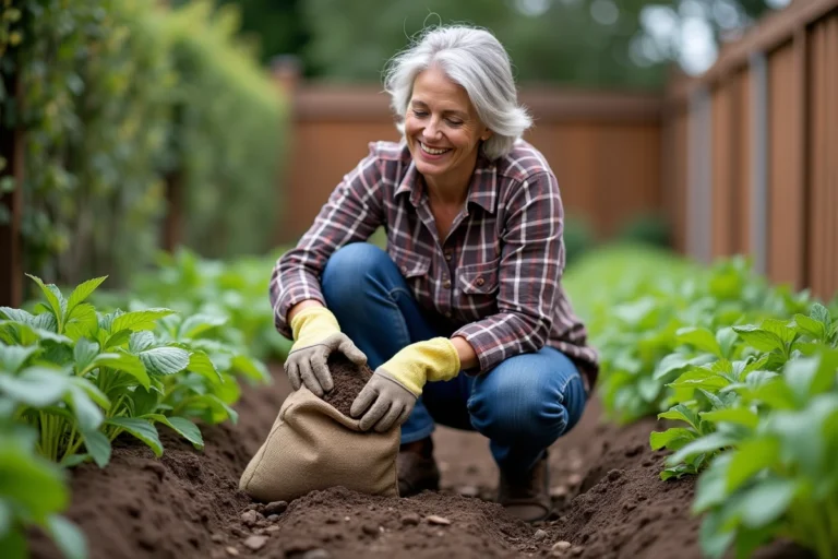 Femme jardinant avec sac d'engrais cheval dans son potager
