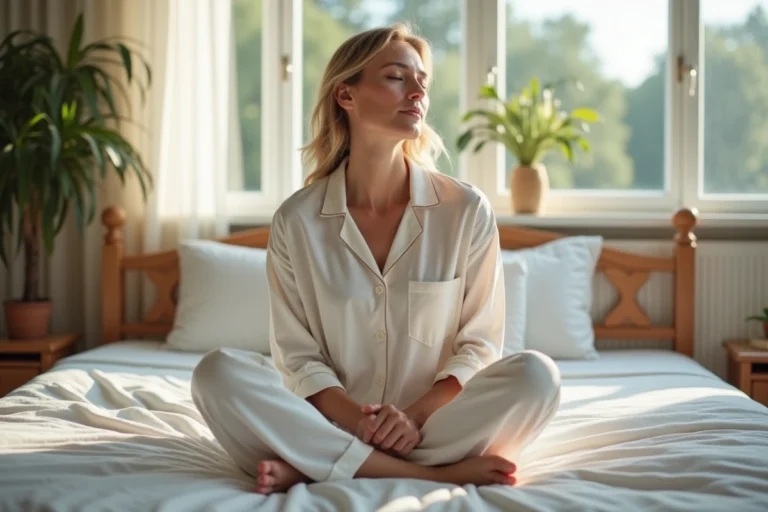 Femme d'âge moyen en pyjamas coton au lever du soleil