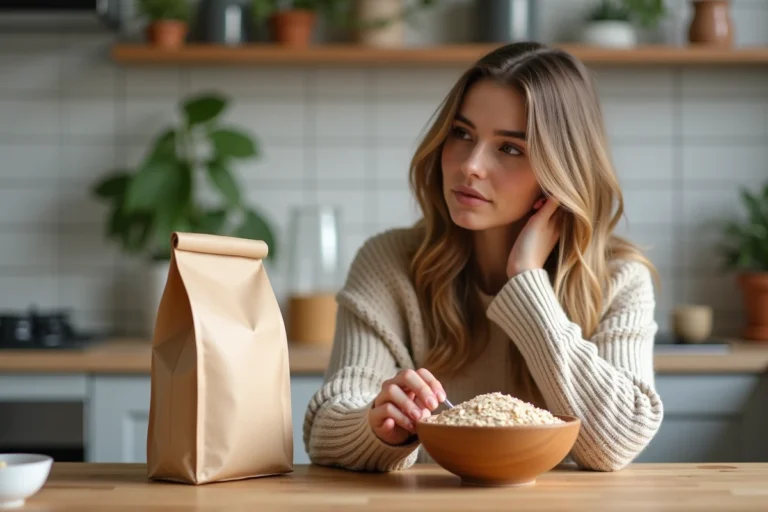 Femme en sweater beige compare flocons d'avoine et farine d'avoine