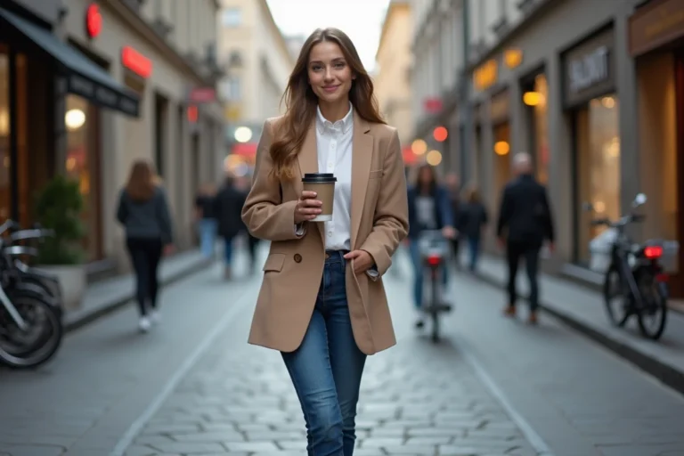 Femme élégante avec blazer et café en ville