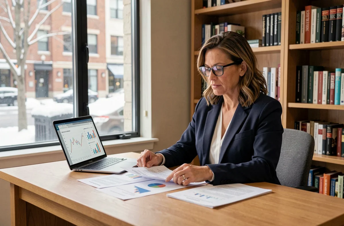 Femme québécoise consultant des documents financiers à son bureau pour planifier un placement à long terme en 2026