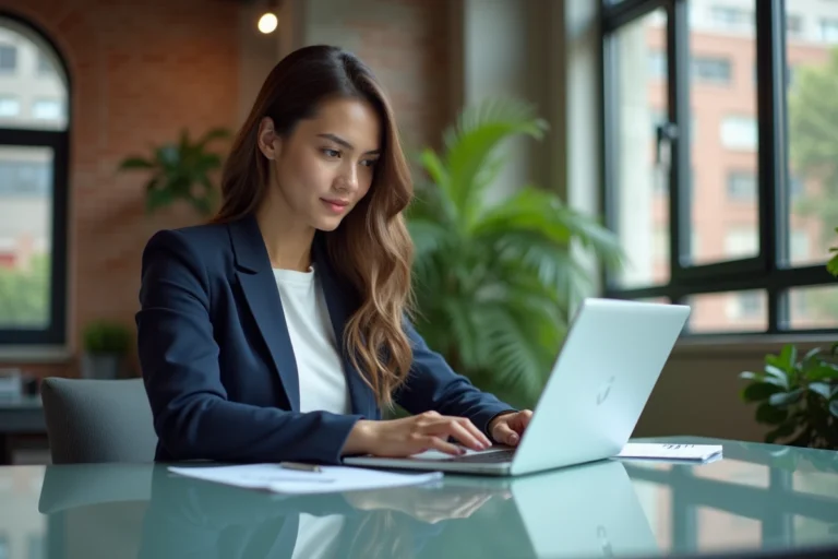 Femme confiante en bureau moderne pour article sur le titre