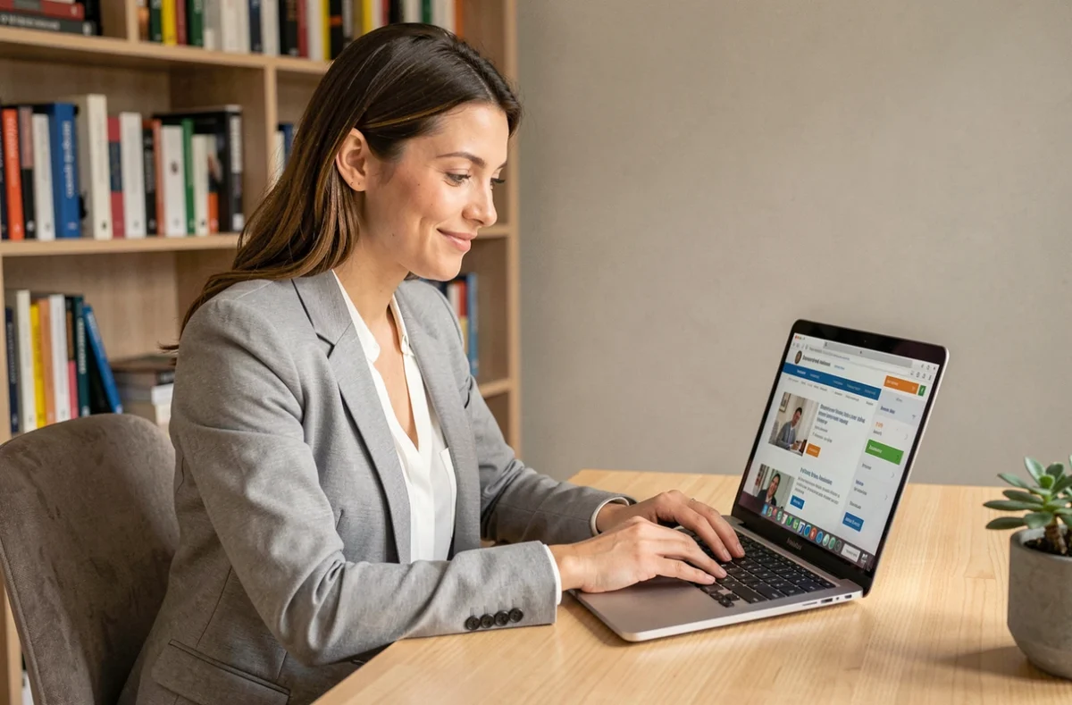 Femme en blazer gris cherchant un emploi en ligne sur son ordinateur portable dans un bureau à domicile moderne