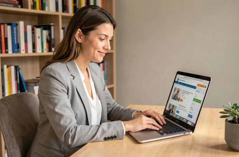 Femme en blazer gris cherchant un emploi en ligne sur son ordinateur portable dans un bureau à domicile moderne