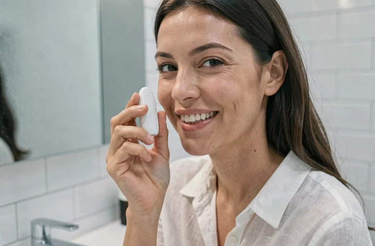 Femme souriante tenant un soin blancheur dentaire The Smilist dans une salle de bain minimaliste