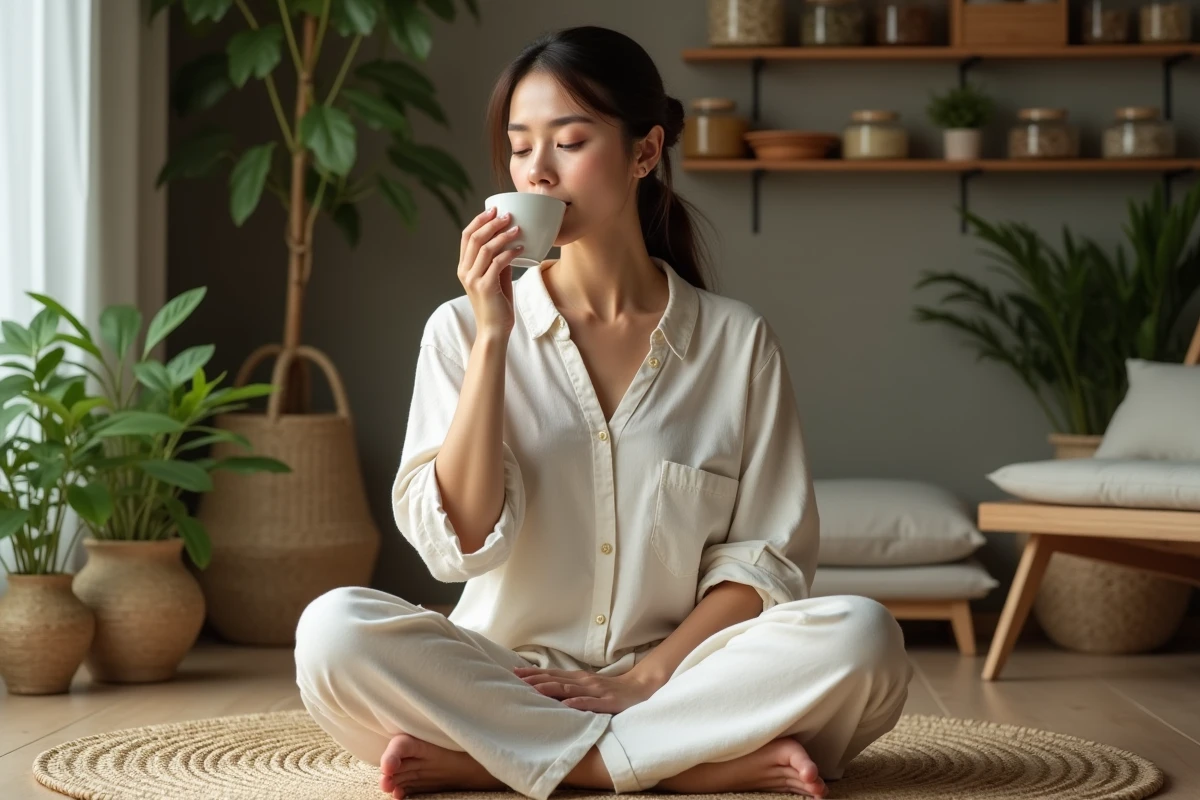 Femme en détente sirotant une tisane dans un intérieur apaisant
