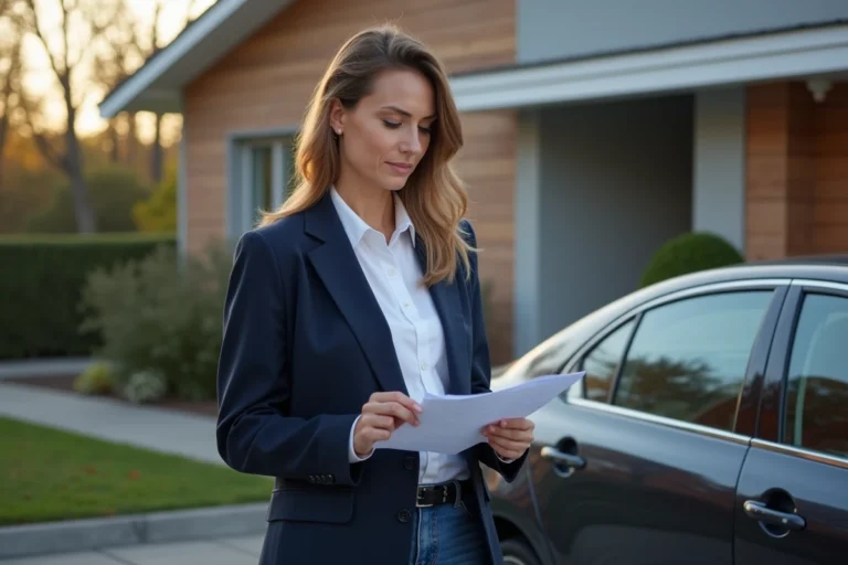 Femme examinant documents d'assurance voiture devant sa voiture