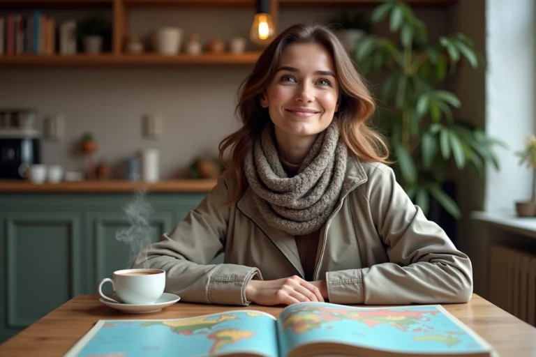 Femme souriante en intérieur avec guides de voyage et carte