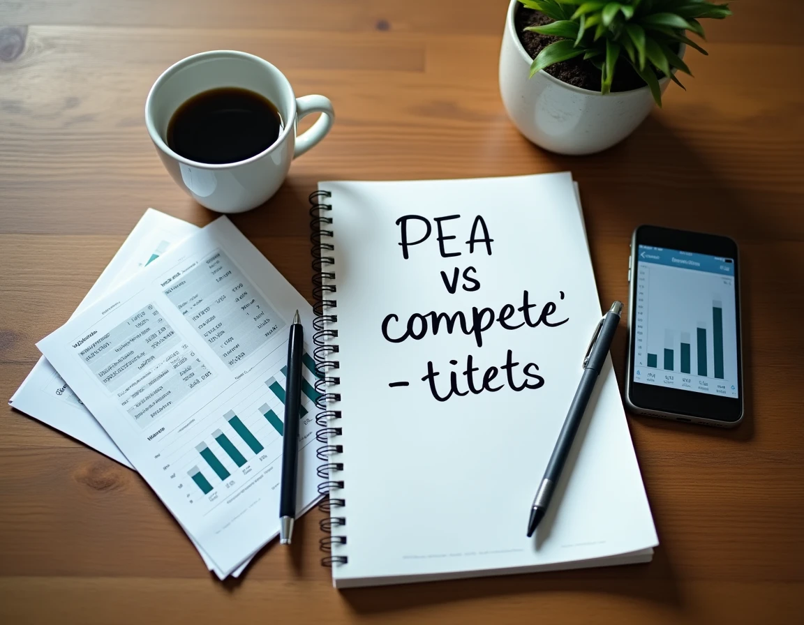 Vue aérienne d'un bureau avec notes manuscrites comparant PEA et compte-titres, smartphone et documents financiers