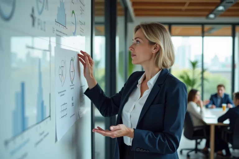 Femme manager présentant une stratégie d'entreprise devant un tableau blanc lors d'une réunion d'équipe dans un bureau moderne