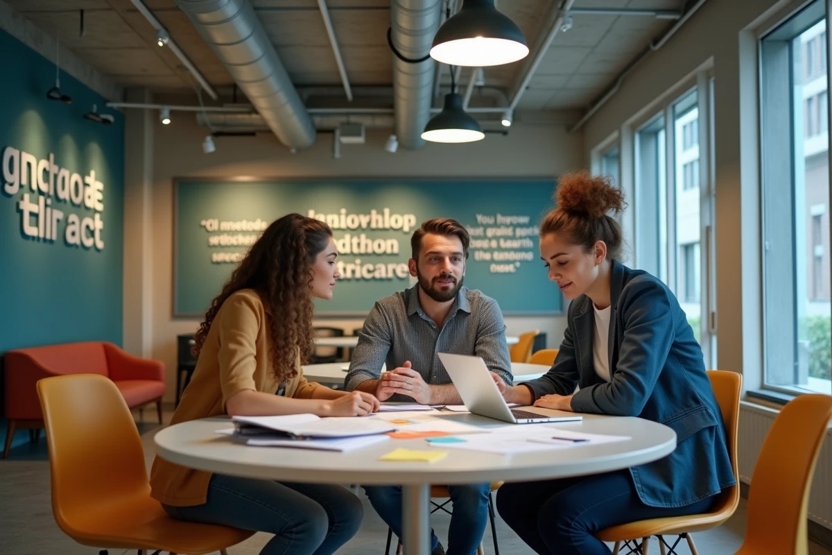 Équipe de professionnels collaborant autour d'une table dans un espace de coworking pour améliorer la gestion d'entreprise