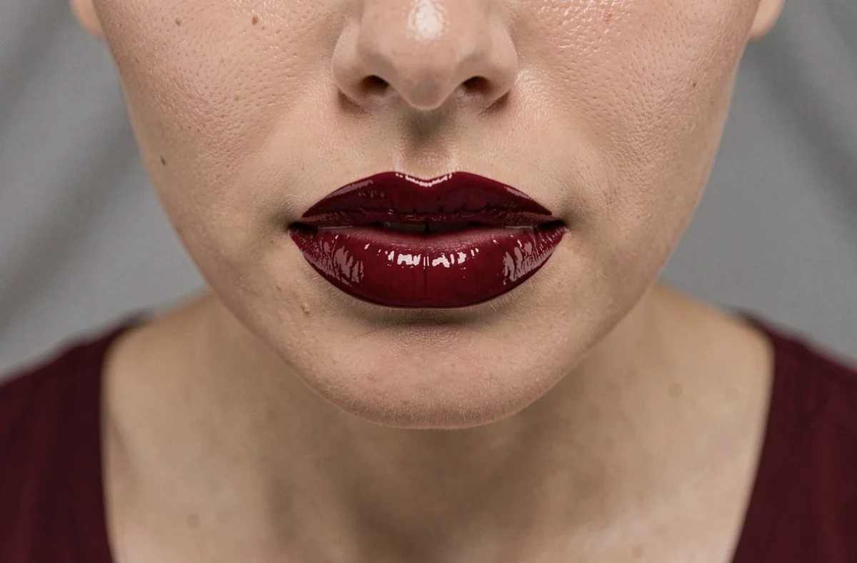 Gros plan de lèvres brillantes recouvertes d'un gloss bordeaux profond pour une beauté éditoriale naturelle