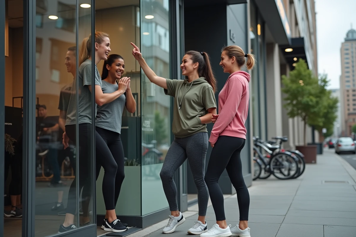 Groupe d'amis devant l'entrée d'une salle Basic Fit évoquant les avantages du programme de parrainage