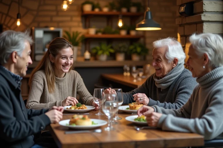 Groupe divers partageant un repas dans un restaurant parisien