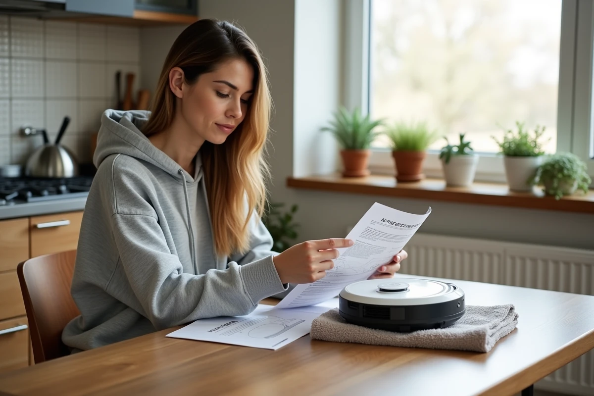 Femme consultant le manuel d'instructions pour réinitialiser un robot tondeuse Parkside posé sur une table de cuisine