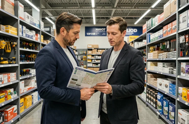 Homme consultant un guide de sections dans un grand magasin de bricolage Mega REF