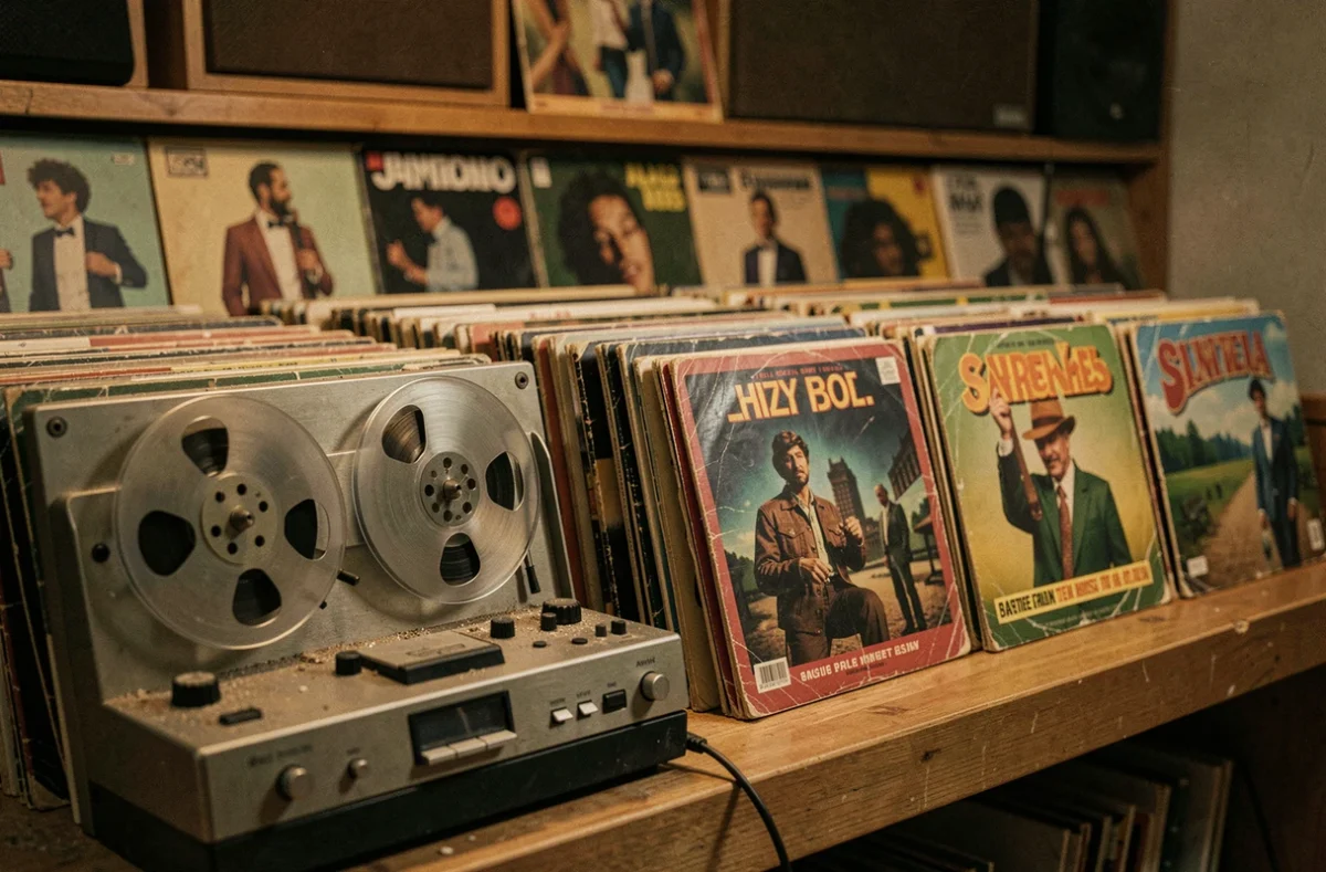 Collection de vinyles et magnétophone vintage dans un studio de musique des années 70, évoquant l'héritage artistique de Mike Brant