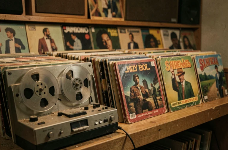 Collection de vinyles et magnétophone vintage dans un studio de musique des années 70, évoquant l'héritage artistique de Mike Brant