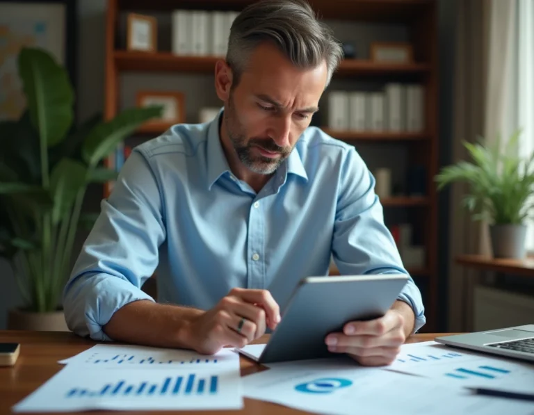 Homme analysant des documents financiers et un portefeuille boursier sur tablette pour choisir entre PEA et compte-titres