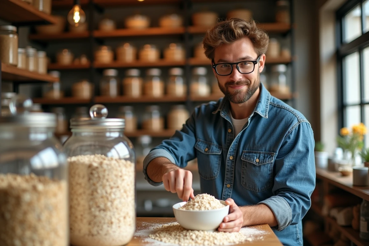 Jeune homme dans une épicerie de vrac avec farine d